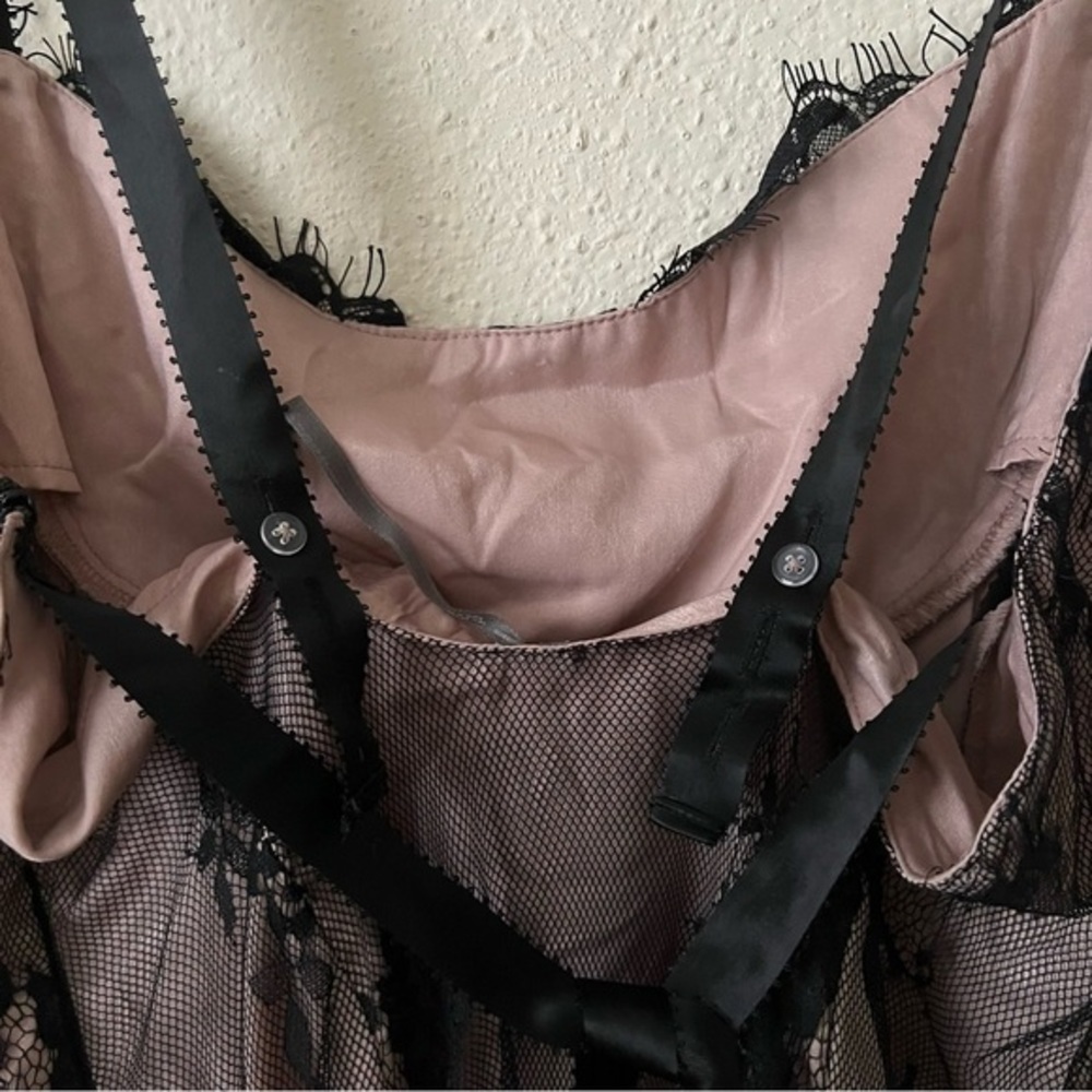 Anthropologie Mauve Nude Black Lace Overlay Side Slit Slip Dress - Picture 11 of 14